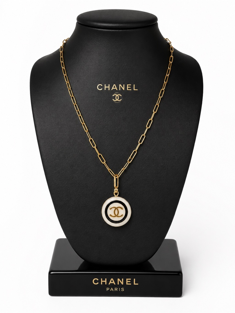 CHANEL Gold and White CC Round Medallion Necklace